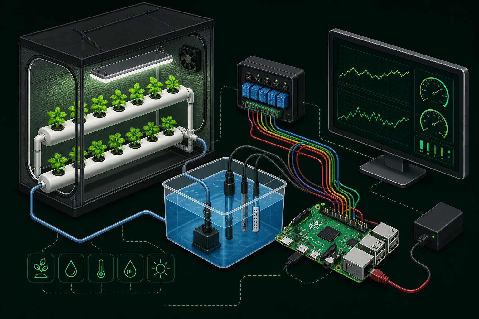 Isometric overview of the Science Day hydroponic demo — grow tent, reservoir, Raspberry Pi control panel, and live dashboard
